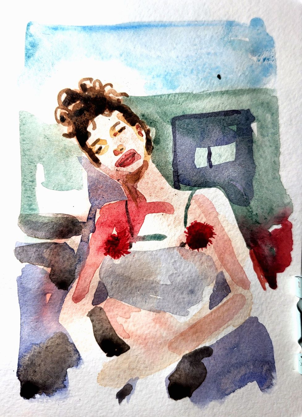 Watercolour painting of a girl. Her har in a messy curly bun. Red colourpatches looking like flowers under her armpits.