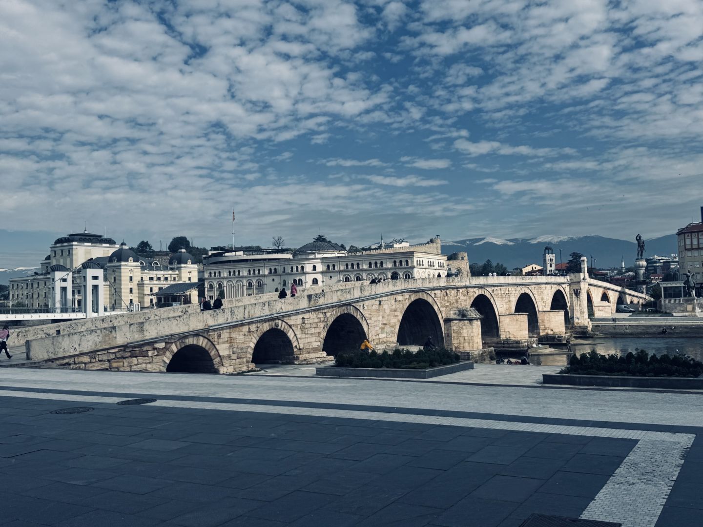 The old stone bridge over the river Vardar. Photo taken from the south side towards north.