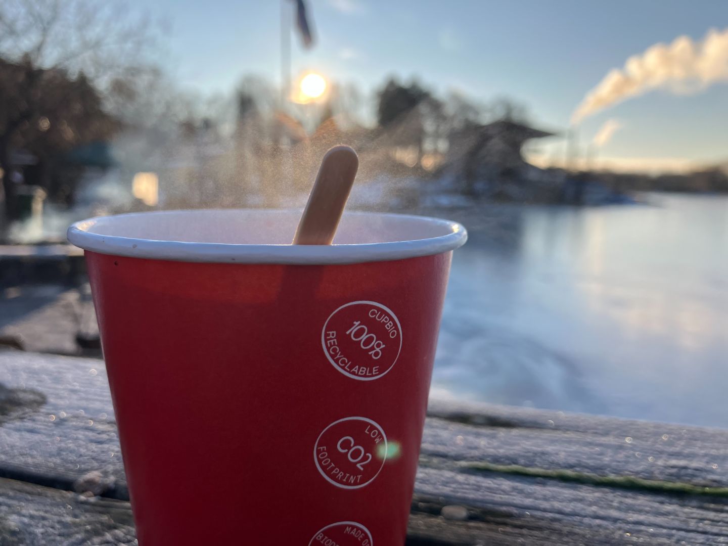 Kaffemugg på bro med utsikt över strand och rök från kraftverk i bakgrunden en solig vinterdag