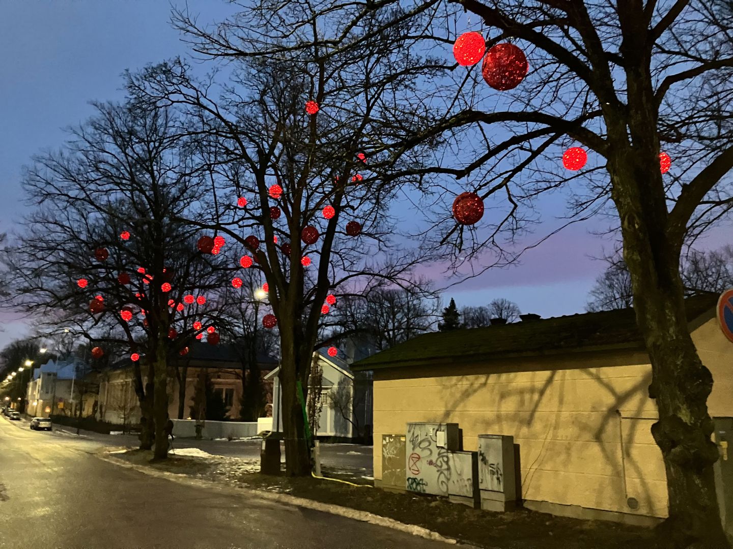 Träd vid gata med lysande röda bollar som prydnader